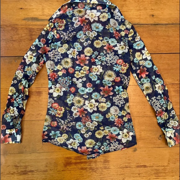 Vintage 70s navy floral button-up blouse, sheer - Picture 7 of 7